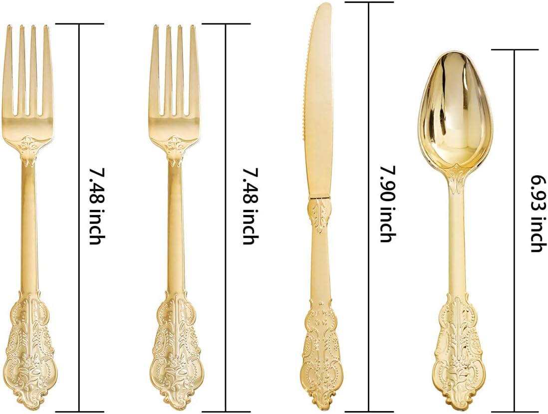WDF 200 Pieces Gold Plastic Silverware Disposable - 50 Guests Heavy Duty Thanksgiving Gold Plastic Cutlery - Disposable Utensils Includes 100 Forks, 50 Spoons, 50 Knives Perfect for Party/Weeding