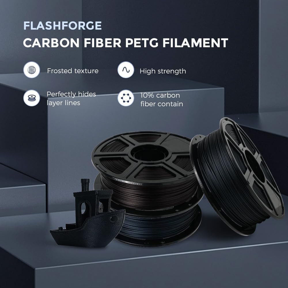 FLASHFORGE Carbon Fiber PETG Filament 1.75mm, Carbon Fiber PETG 3D Printer Filament, 1KG Spool Dimensional Accuracy +/- 0.02mm, Lightweight & Heat-Resistant & Moisture Free (Volcanic Rock Gray)
