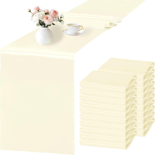 SHEJIZE 20 Pack White Satin Table Runner 12x108 Inches Long, Bright Silky Smooth Satin Table Runner Table Decor for Wedding Banquet Christmas Prom Event Birthday Party