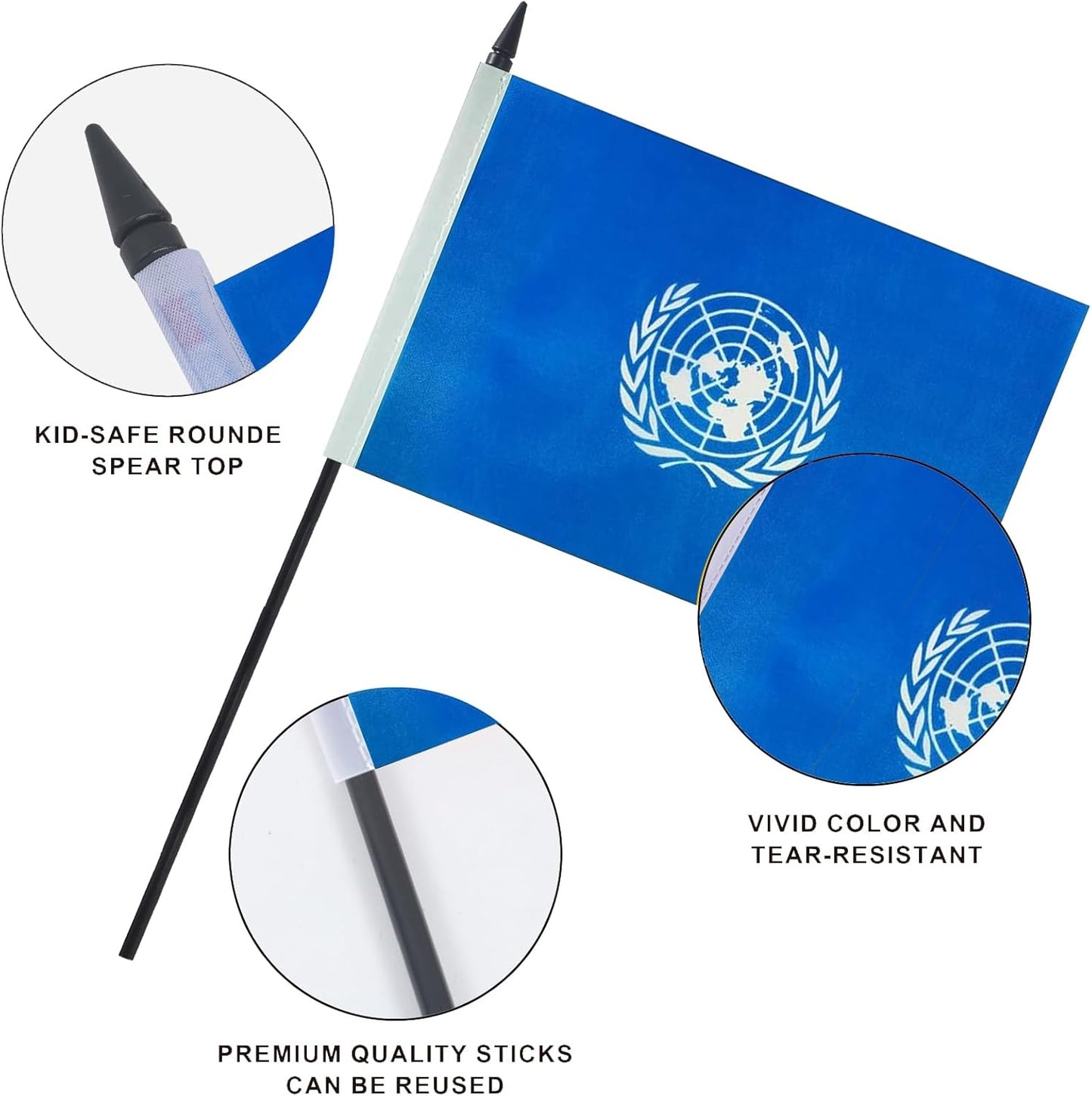 United Nations Desk Flag 12" Solid Pole Deluxe Set United Nations Flags Banner Mini Small United Nations Office Table Flags with Black Stand Base Desktop Decorations(2Pack)