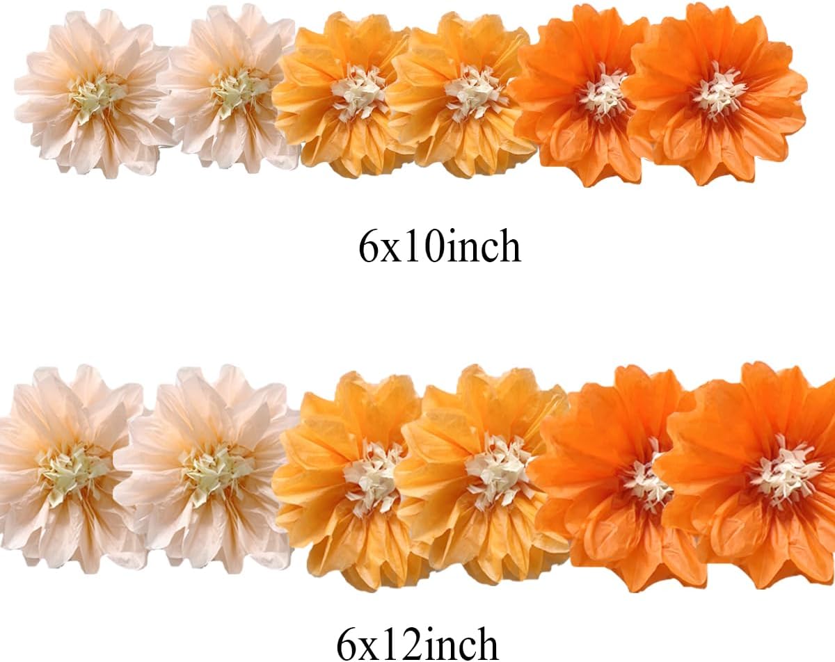 12pcs 10in 12in Paper Flowers Tissue Flowers Pom Paper Pom Poms Hanging Flowers Wall Backdrop Wedding Party Flower Decorations DIY Art Craft Blooms for Birthday Baby Shower Nursery Decor Orange