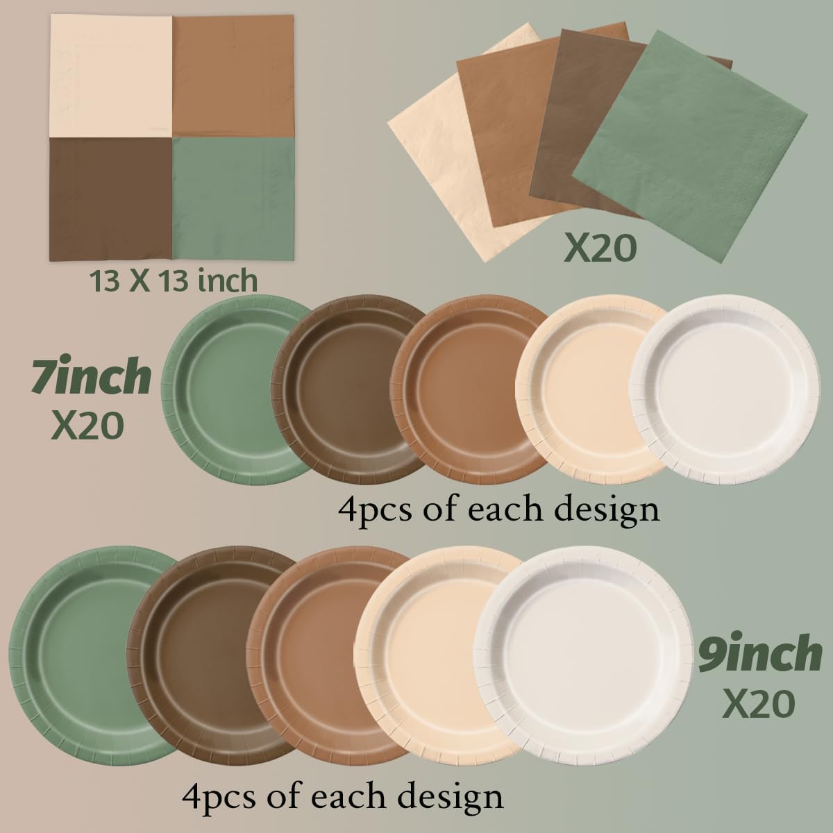 CMUSKO Woodland Baby Shower Decorations - 60pcs Brown Sage Green Forest Animal Theme Plates & Napkins Kit - Safari Party Supplies for Birthday, Baby Shower Neutral