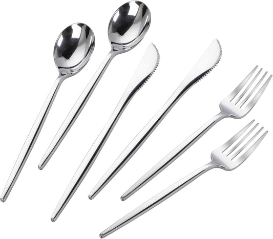 PULOTE 300PCS Silver Plastic Silverware Disposable - Heavy Duty Silver Plastic Cutlery - Disposable Utensils Set Include 100 Knives, 100 Forks and 100 Spoons for Party & Wedding