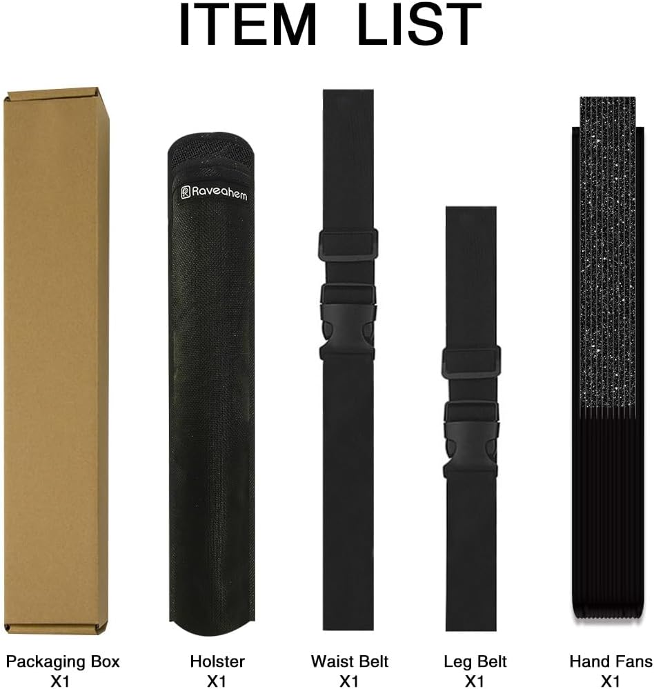 13" Large Folding Rave Fan with Holster, Clack Hand Fans Foldable for Line Dancing, Boots On The Ground Fan for Women Men Festival EDM Party Decoration, Glitter Black