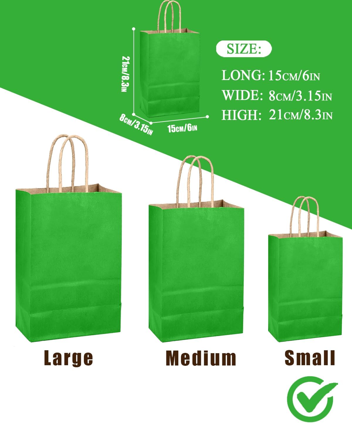 qiqee Bamboo Green Gift Bag with Handles Bulk 24Pcs Paper Bags -8.3"x6"x3. 15" Party Favor Bags - Solid Color
