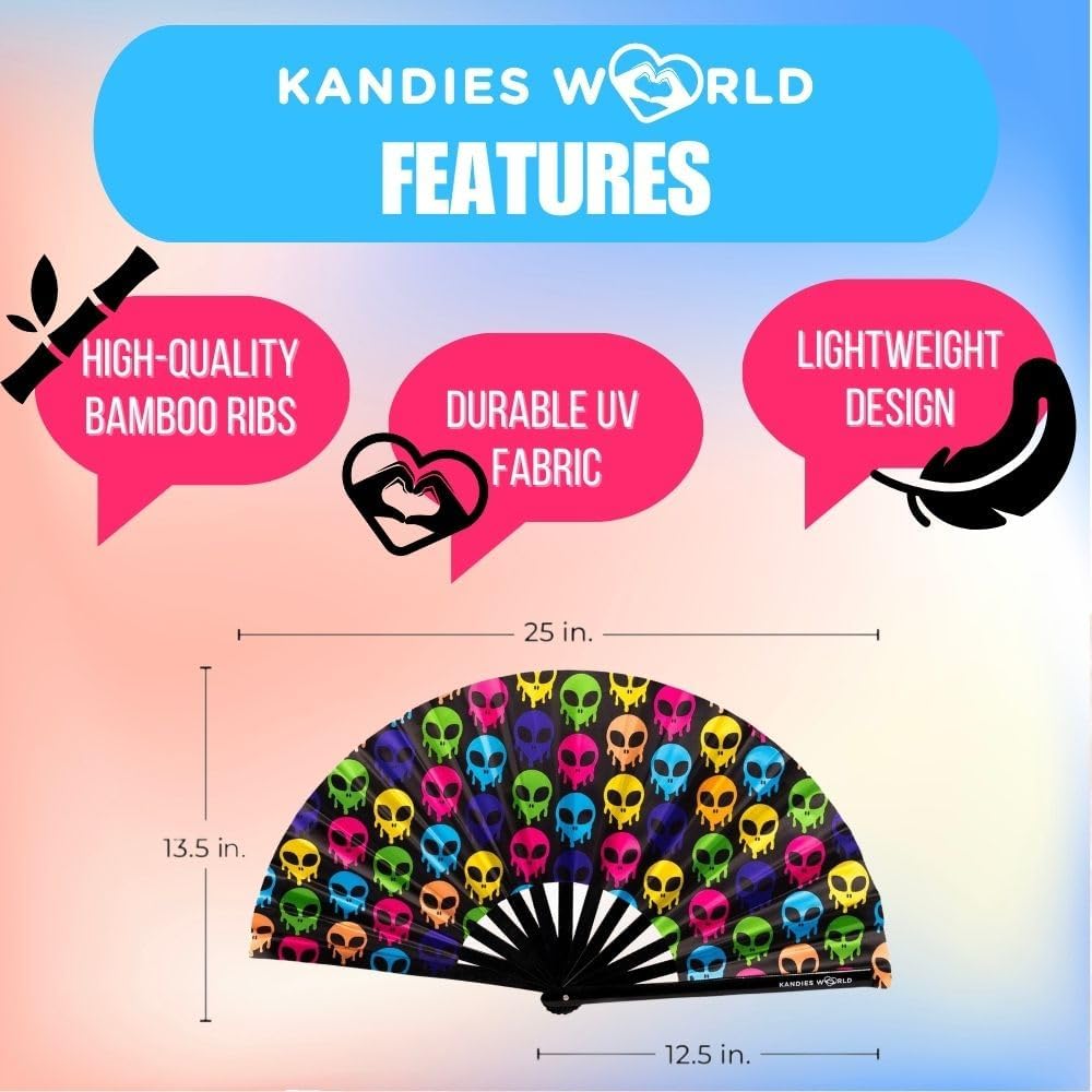 Kandies World UV Reactive Custom Festival Folding Hand Fan - Unique Designs, Made of Bamboo, Clacking Sound, Lightweight - Perfect Rave and Festival Accessory!
