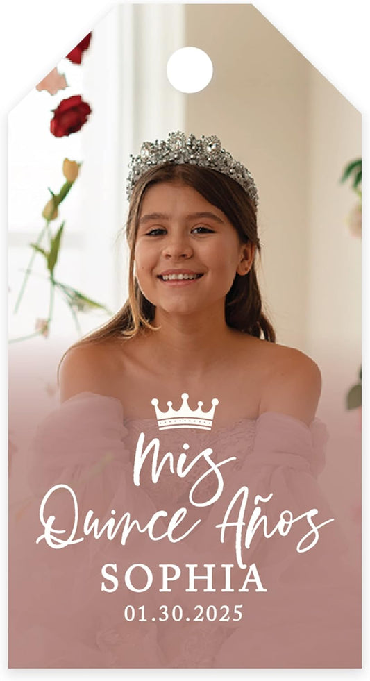 Andaz Press 40-Pack Personalized Quinceañera Favor Tags with String, Mis Quince Años Classic Gift Tags with Custom Photo for Quince, XV, 15th Birthday Quinceanera Decorations, Favor Gifts