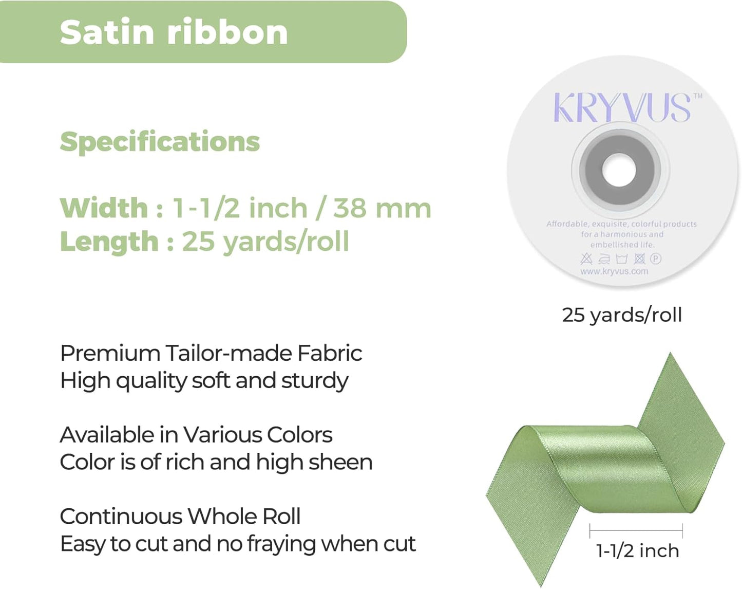 Sage Green Satin Ribbon 1-1/2 inch X Continuous 25 Yards, Single Face Polyester Ribbon Perfect for Gift Wrapping, Flower Bouquet, Wedding Decor, Crafts, Bow Making, Sewing and More