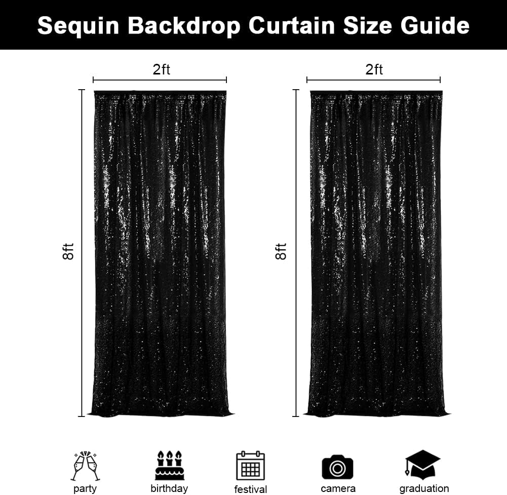 SquarePie Sequin Backdrop Curtain Non-Transparent Background Sparkly for Halloween Party 2FT x 8FT Black 2pcs