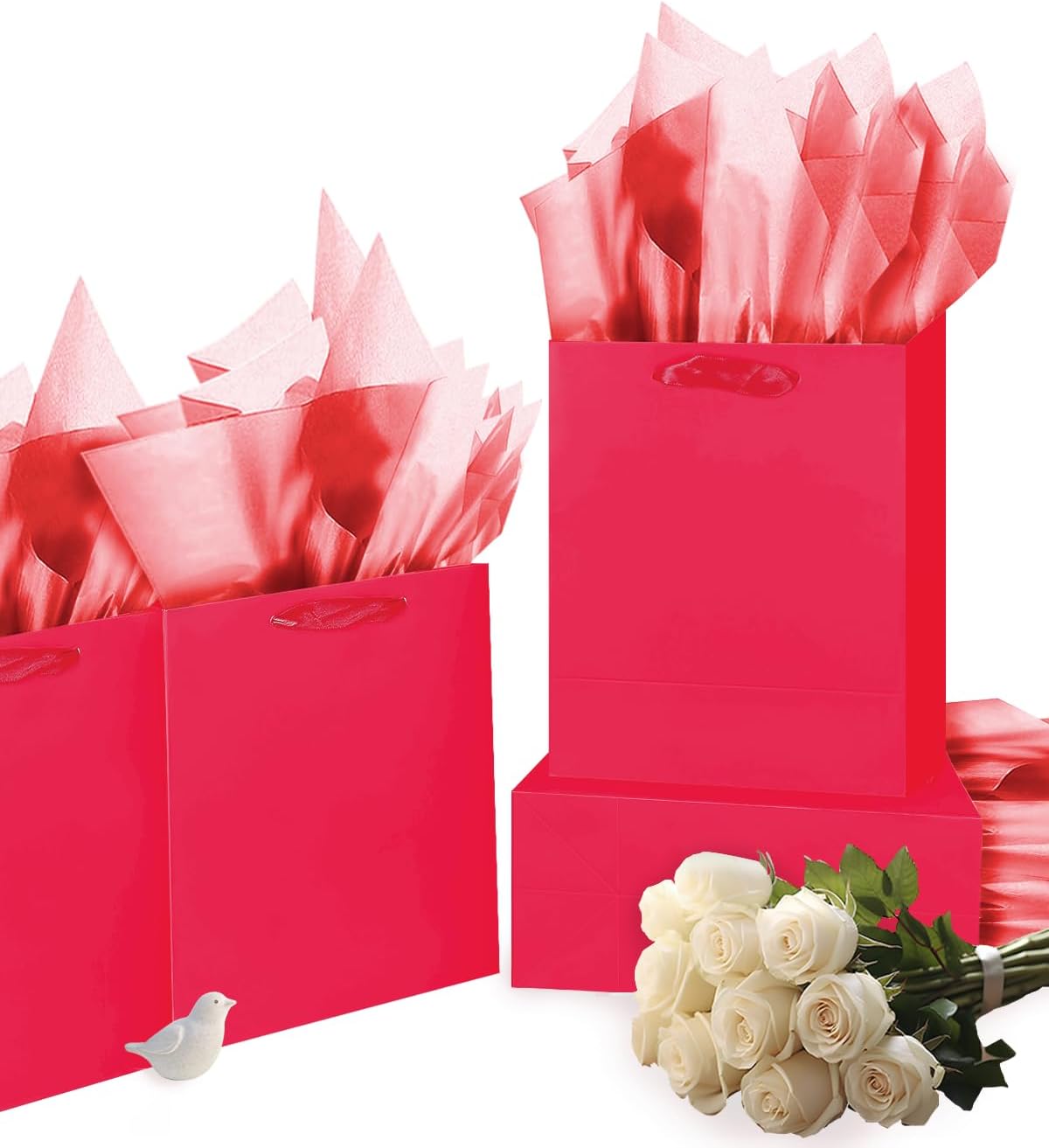 Gcardist Wine Red Gift Bags with Tissue Paper for Wedding, Birthday, Party Supplies-7.9"x4.3"x9.6" Medium Size Cardboard Gift Bags（5pcs Bags +10pcs Tissue Paper ）
