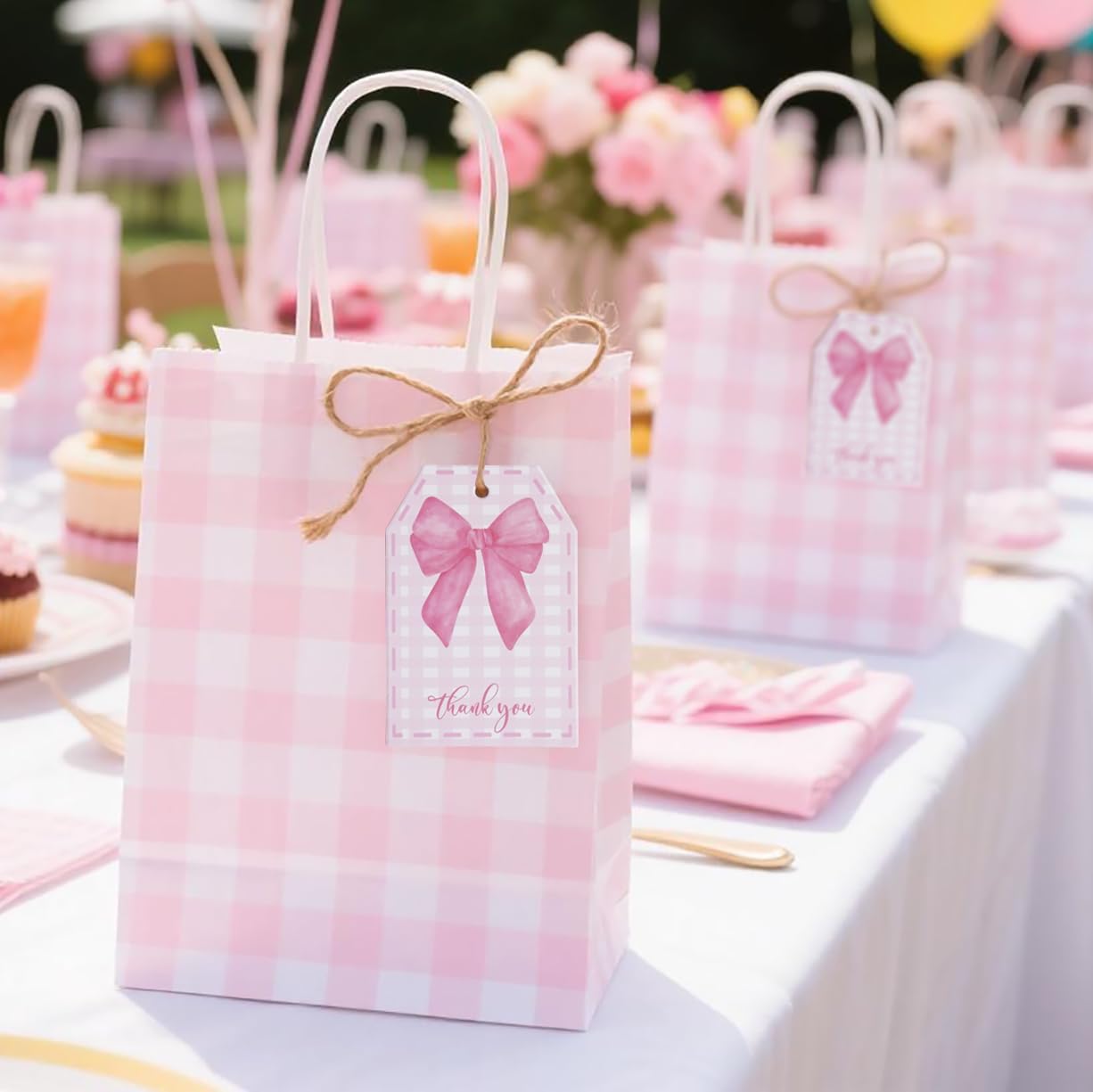 100Pcs Pink Bow Gift Tags with String Pink Buffalo Plaid Large Gift Tags with 65Ft White String Cute Thank You White Paper Tag for Coquette Birthday Baby Shower Wedding Gift Wrap Tag