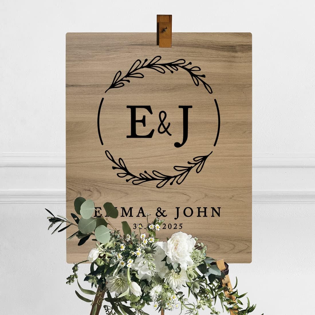 Andaz Press Large Wooden Welcome Sign for Wedding Rustic Welcome Sign 16" x 20" Custom Monogram & Date Laurel Wreath Wedding Signage English Oak MDF Wood Finish Wedding Reception Indoor Outdoor Signs