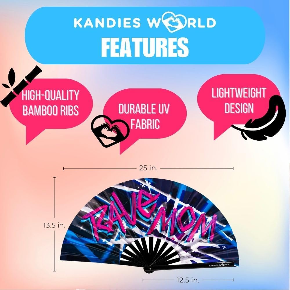 Kandies World UV Reactive Custom Festival Folding Hand Fan - Unique Designs, Made of Bamboo, Clacking Sound, Lightweight - Perfect Rave and Festival Accessory!