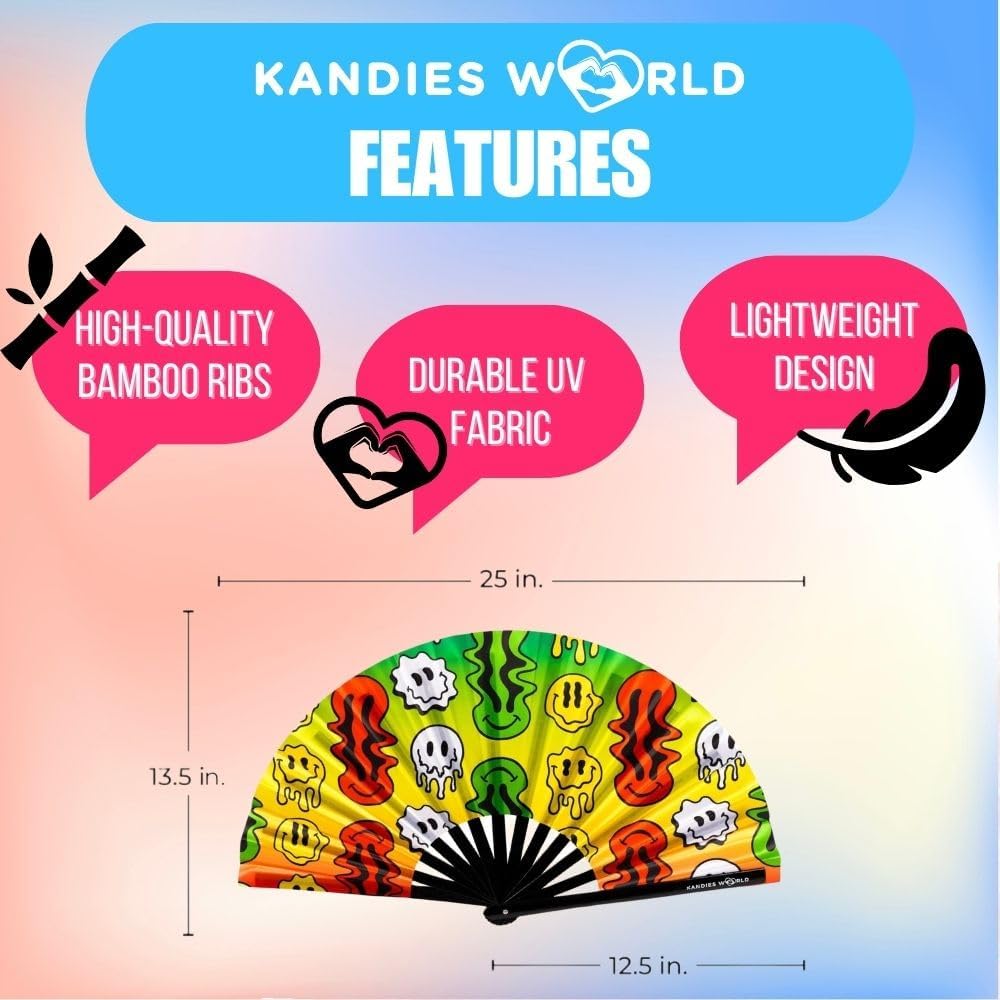 Kandies World UV Reactive Custom Festival Folding Hand Fan - Unique Designs, Made of Bamboo, Clacking Sound, Lightweight - Perfect Rave and Festival Accessory!