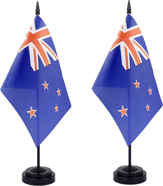WXTWK 2 Pack New Zealand Flag New Zealand Deluxe Desk Flag Set - Mini Small New Zealand Table Office Flags with Black 12" Solid Pole Stand Base Classroom Meeting Desktop Decorations