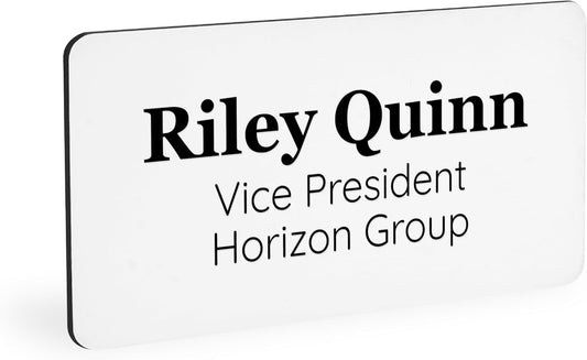 ExcelMark Custom Name Tag - Engraved Name Badge with Pin or Magnetic Backing, 16 Colors, 6 Fonts, and 2 Sizes to Choose from (White w/Black Letters, 1.5"x 3")