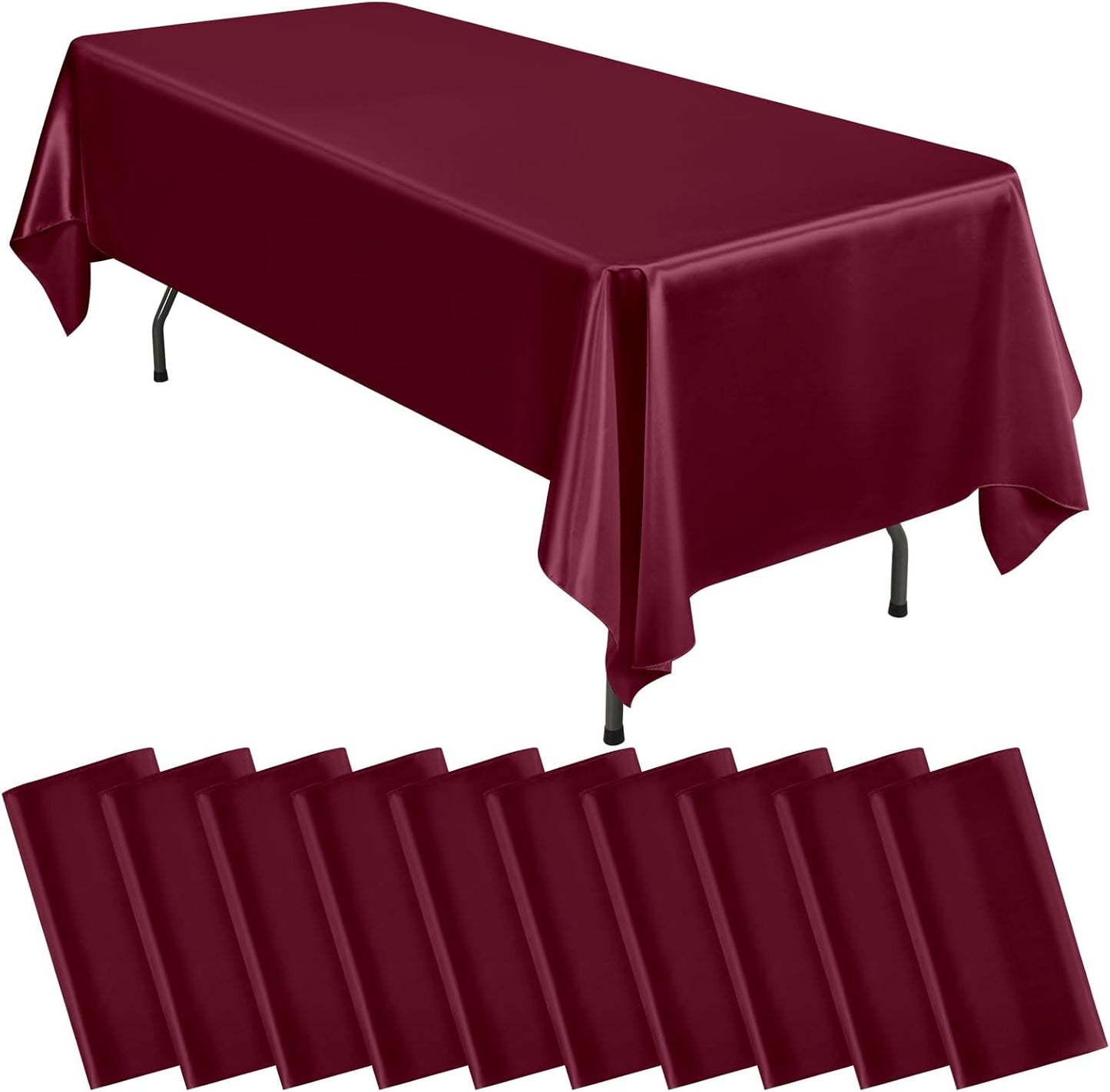 10 Packs Satin Tablecloth 57 x 108 Inch Burgundy Rectangular Table Cloth Silk Tablecloth Smooth Fabric Overlay Satin Table Cover Decoration for Wedding Party Banquet Events