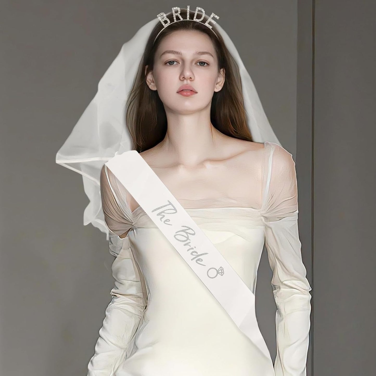 MVVM Bride Sash and Bachelorette Sashes Set | 3-Piece Bridal Headband with Tiara Veil, Sash, Veil for Bride to Be - Wedding Shower, Bachelorette Party