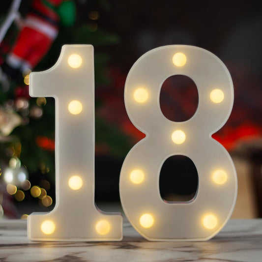LED Marquee Letter Lights, Decorative Light Up Numbers for 18th Birthday Party, Battery Operated, Warm White Small Marquee 18 Sign for Anniversary Decorations