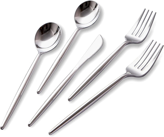 SUT 150Pcs Silver Plastic Silverware, Silver Disposable Cutlery, Heavy Duty Disposable Silverware, Plastic Utensils Include 50 Plastic Forks, 50 Plastic Spoons, 50 Plastic Knives