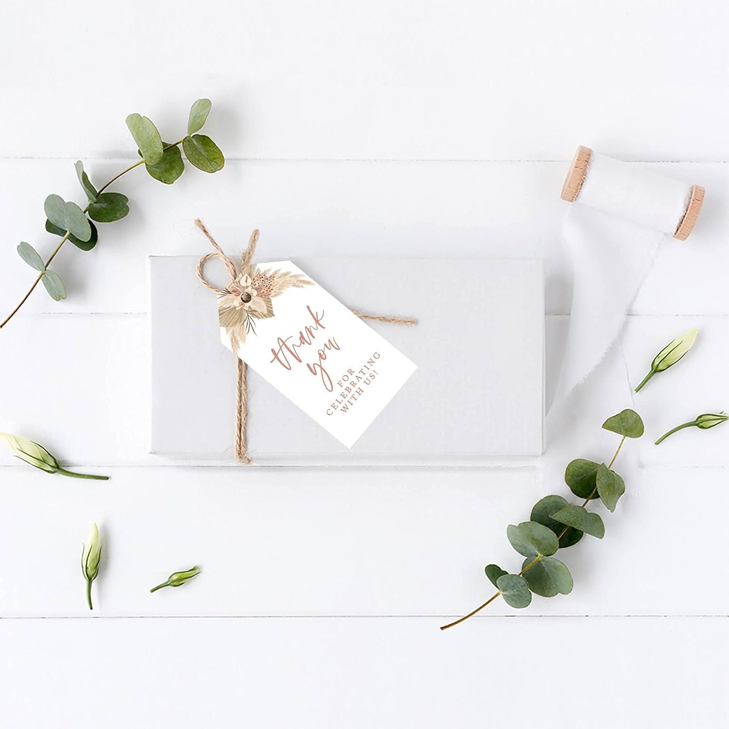 Andaz Press 100-Pack Thank You for Celebrating with Us Favor Tags Boho Dried Palm Leaves Cardstock Gift Tags with Bakers Twine for Wedding Baby Shower Bridal Shower Party Favors 2 x 3.75-Inches
