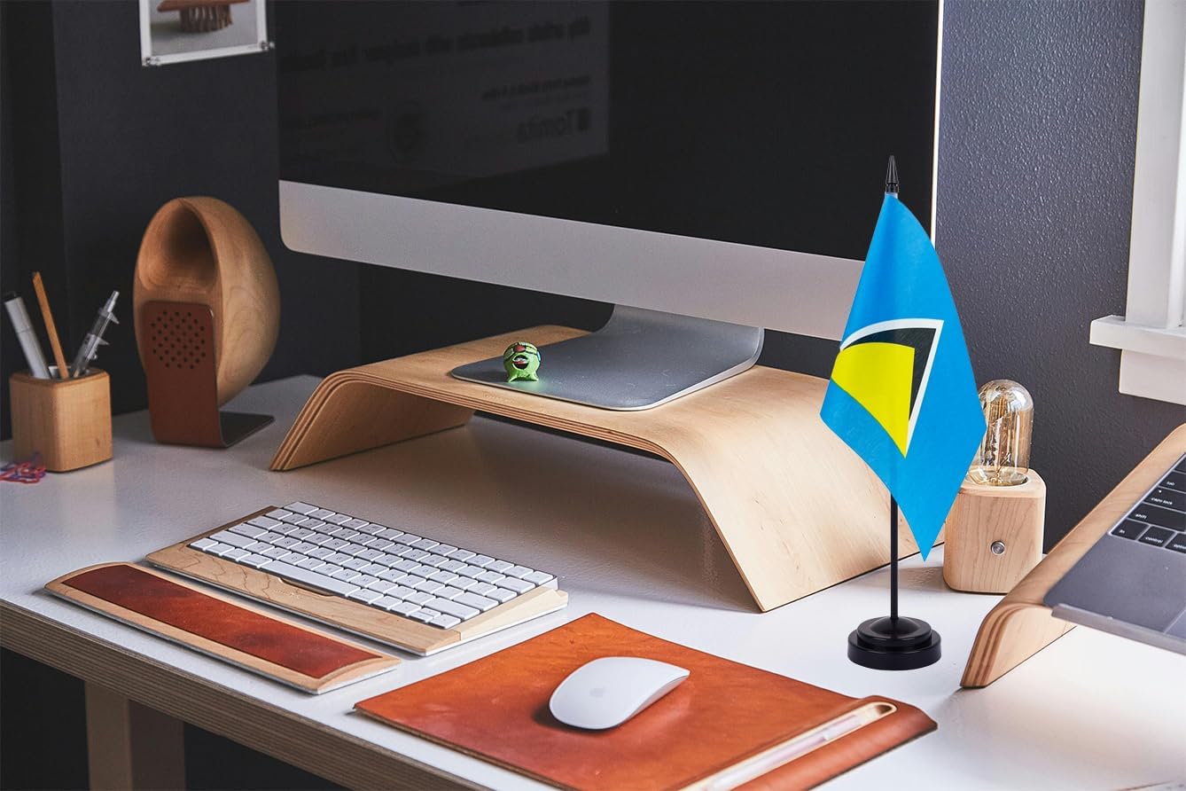 WXTWK 2 Pack Saint Lucia Flag Saint Lucia Deluxe Desk Flag Set - Mini Small Saint Lucia Table Office Flags with Black 12" Solid Pole Stand Base Classroom Meeting Desktop Decorations
