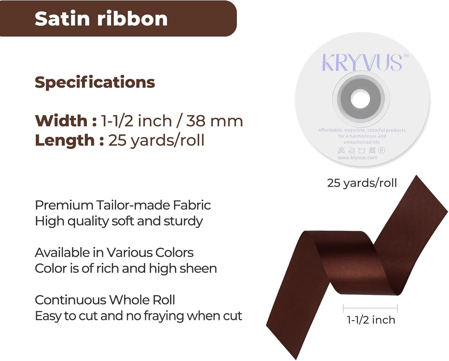 Dark Brown Satin Ribbon 1-1/2 inch X Continuous 25 Yards, Single Face Polyester Ribbon Perfect for Gift Wrapping, Flower Bouquet, Wedding Decor, Crafts, Bow Making, Sewing and More