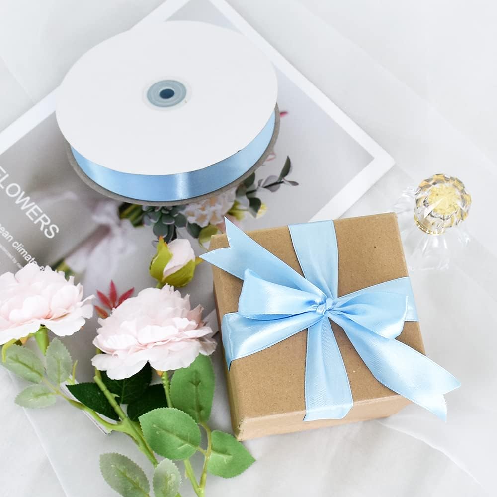 TONIFUL 1 Inch x 100yds Sky Blue Satin Ribbon, Thin Solid Color Satin Ribbon for Gift Wrapping, Crafts, Hair Bows Making, Wedding Party Decoration, Invitation Cards, Floral Bouquets
