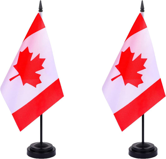 Canada Desk Flag 12" Solid Pole Deluxe Set Canadian Flags Banner Mini Small Canada Office Table Flags with Black Stand Base Desktop Decorations(2Pack)