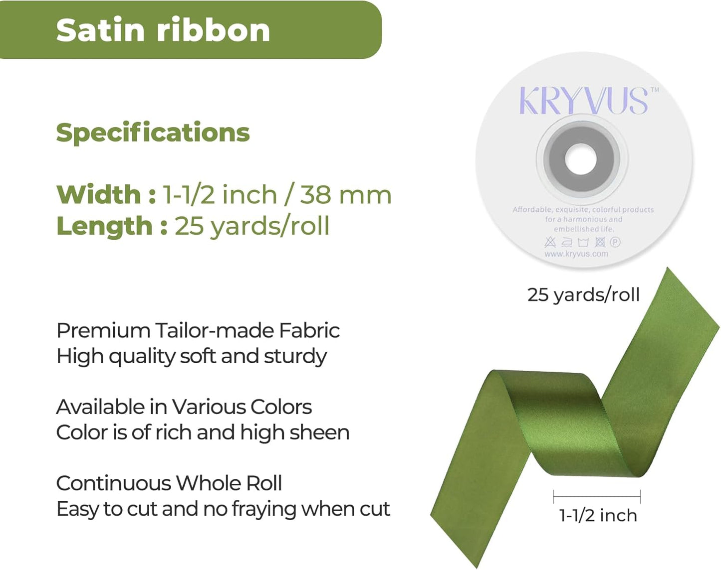 Olive Green Satin Ribbon 1-1/2 inch X Continuous 25 Yards, Single Face Polyester Ribbon Perfect for Gift Wrapping, Flower Bouquet, Wedding Decor, Crafts, Bow Making, Sewing and More
