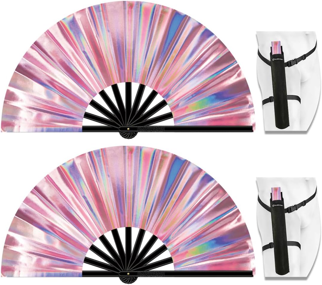 13" Large Folding Rave Fan with Holster, Clack Hand Fans Foldable for Line Dancing, Boots On The Ground Fan for Women Men Festival EDM Party Decoration, Holographic Pink 2 Pack