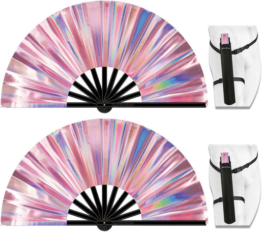 13" Large Folding Rave Fan with Holster, Clack Hand Fans Foldable for Line Dancing, Boots On The Ground Fan for Women Men Festival EDM Party Decoration, Holographic Pink 2 Pack