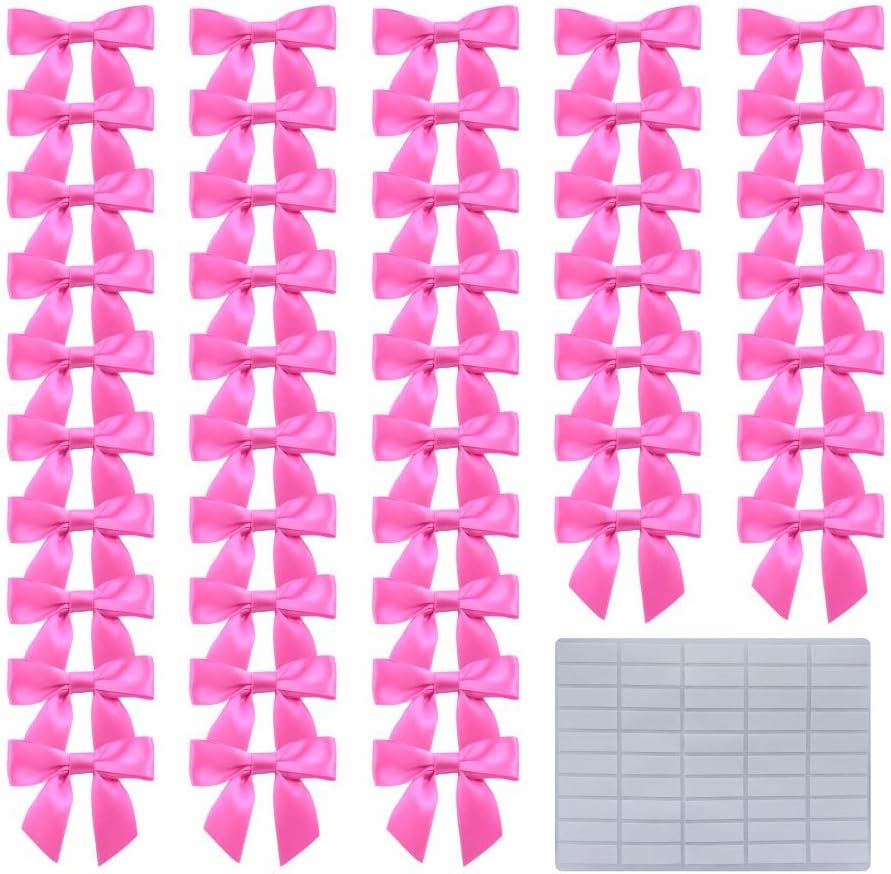 2.5" Hgzgch Pink Satin Ribbon Bow for Gift Wrapping, Premade Bows for Crafts, Cake, Party Favors, Handmade Bows with Double-Sided Tape, Self Adhesive Gift Bows for Presents, Treats, Christmas - 50pcs