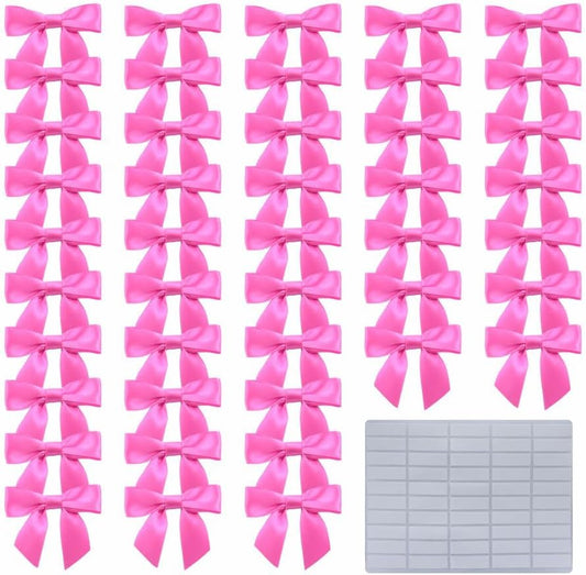 2.5" Hgzgch Pink Satin Ribbon Bow for Gift Wrapping, Premade Bows for Crafts, Cake, Party Favors, Handmade Bows with Double-Sided Tape, Self Adhesive Gift Bows for Presents, Treats, Christmas - 50pcs