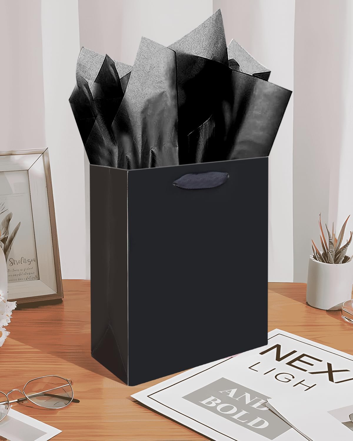 Gcardist Deep Black Gift Bags with Tissue Paper for Wedding, Birthday, Party Supplies-7.9"x4.3"x9.6" Medium Size Cardboard Gift Bags（5pcs Bags +10pcs Tissue Paper ）