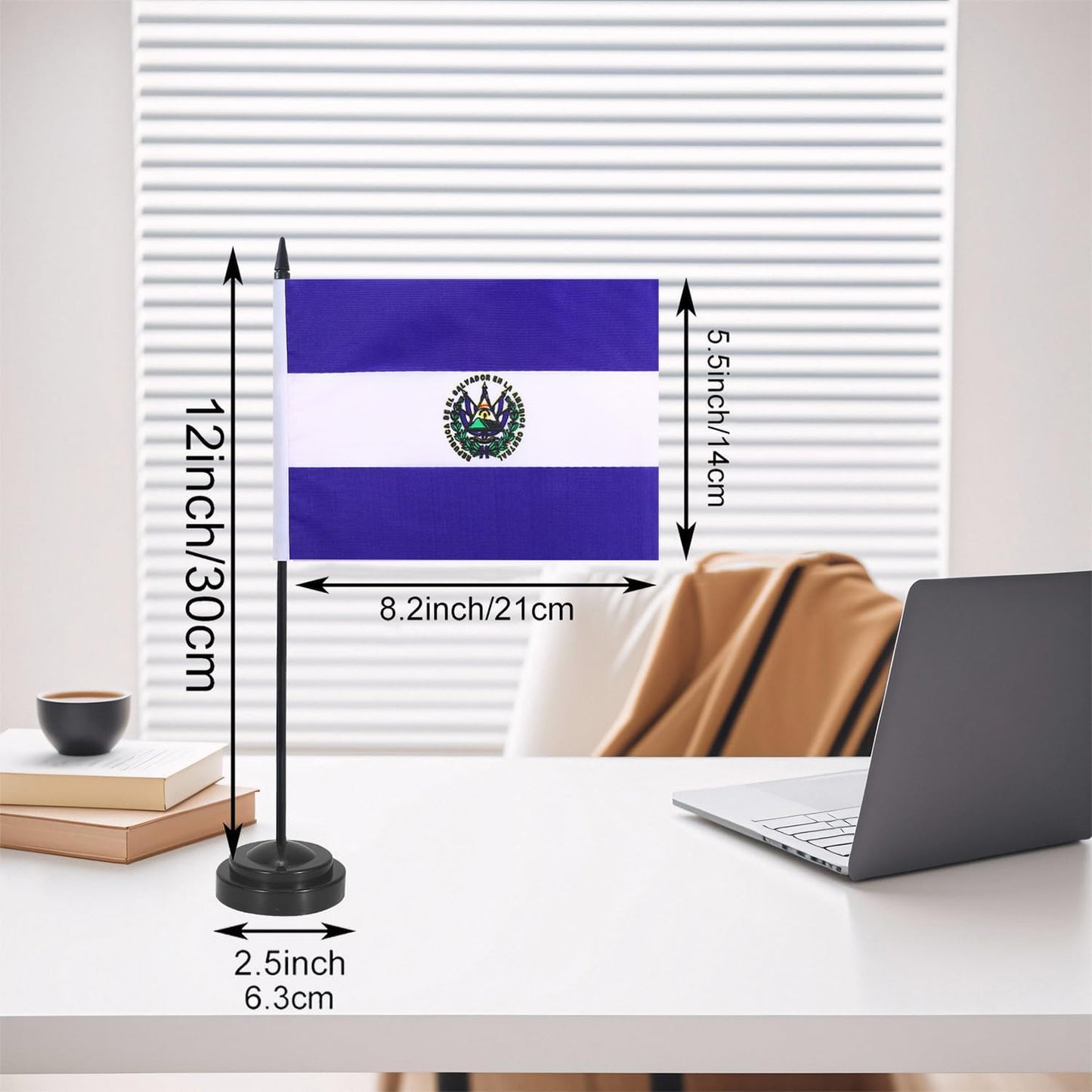 El Salvador Desk Flag 12" Solid Pole Deluxe Set Salvador Flags Banner Mini Small El Salvador Office Table Flags with Black Stand Base Desktop Decorations(2Pack)
