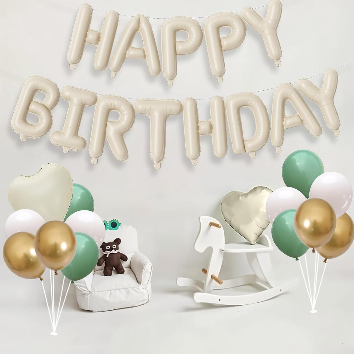 Happy Birthday Balloon Banner Cream Green, 16 Inch Beige Mylar Letters Heart Foil Balloons Sage Olive Green Ivory Metallic Gold Balloons Boho Neutral Birthday Decorations for Girls Women Boy Men