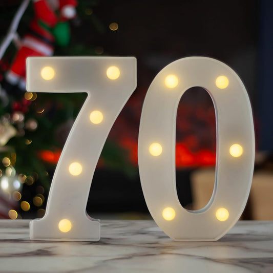 LED Marquee Letter Lights, Decorative Light Up Numbers for 70th Birthday Party, Battery Operated, Warm White Small Marquee 70 Sign for Anniversary Decorations