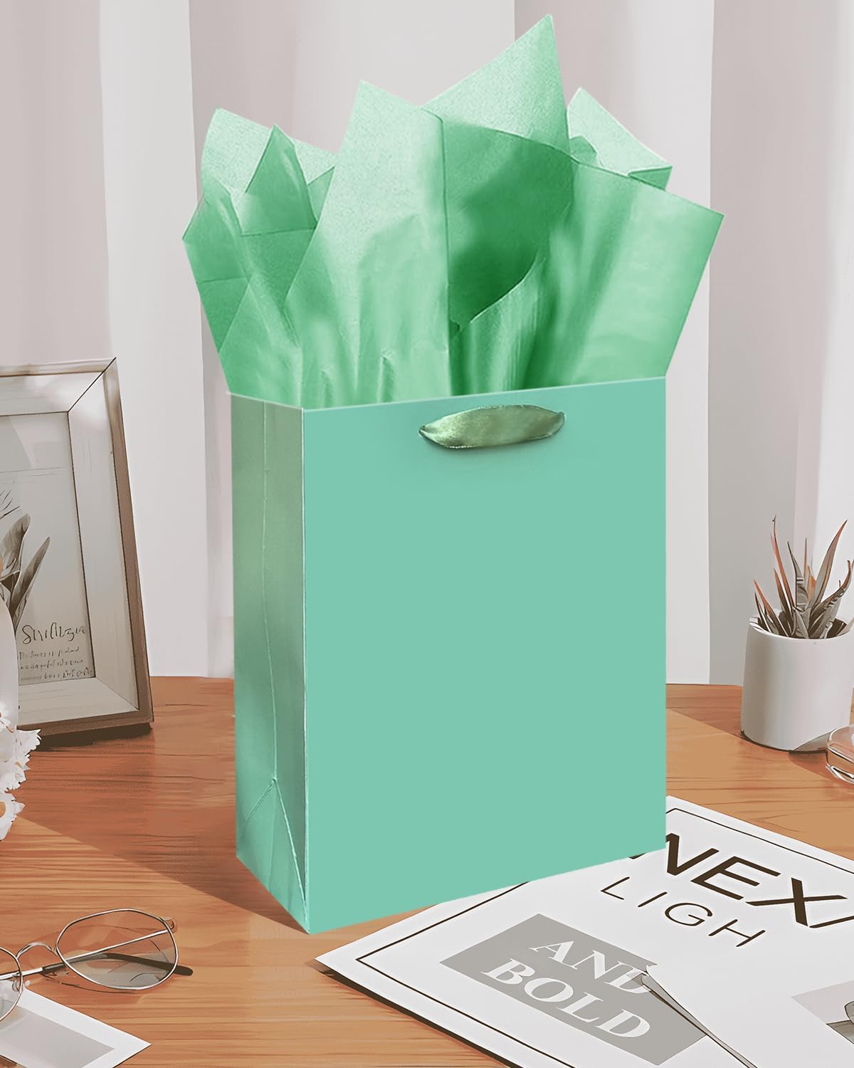 Gcardist Lake Green Gift Bags with Tissue Paper for Wedding, Birthday, Party Supplies-7.9"x4.3"x9.6" Medium Size Cardboard Gift Bags（16pcs Bags +32pcs Tissue Paper ）
