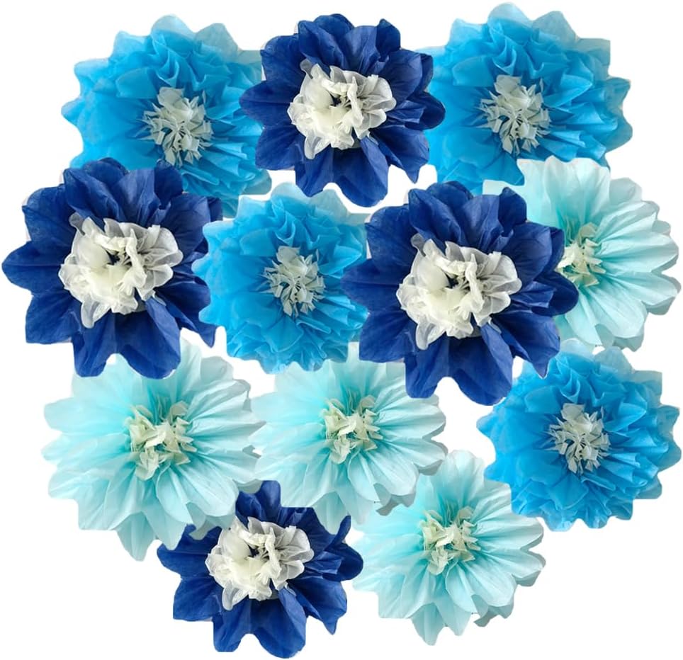 12pcs 10in 12in Paper Pom Poms Hanging Paper Flowers Wall Backdrop Wedding Party Flower Decorations DIY Art Craft Blooms for Birthday Baby Shower Nursery Decor Blue