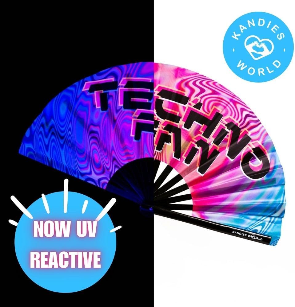 Kandies World UV Reactive Custom Festival Folding Hand Fan - Unique Designs, Made of Bamboo, Clacking Sound, Lightweight - Perfect Rave and Festival Accessory!