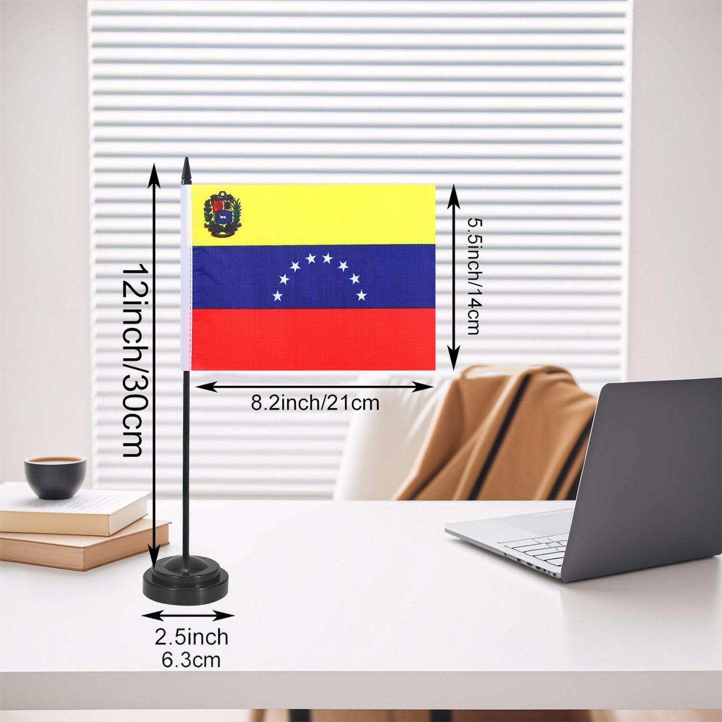 Venezuela Desk Flag 12" Solid Pole Deluxe Set Venezuelan Flags Banner Mini Small Venezuela Office Table Flags with Black Stand Base Desktop Decorations(2Pack)