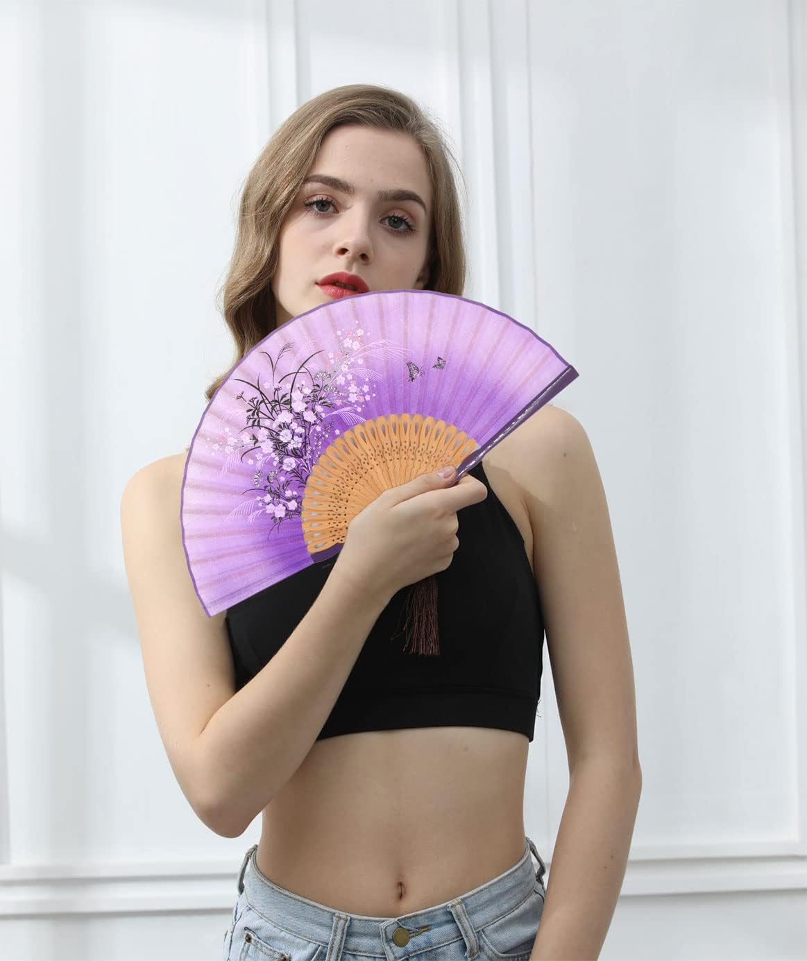 Amajiji Small Folding Hand Fan for Women, Chinese Japanese Vintage Style Bamboo Silk Fans for Party Wedding Dancing Decoration Gift Performance (AM-33)