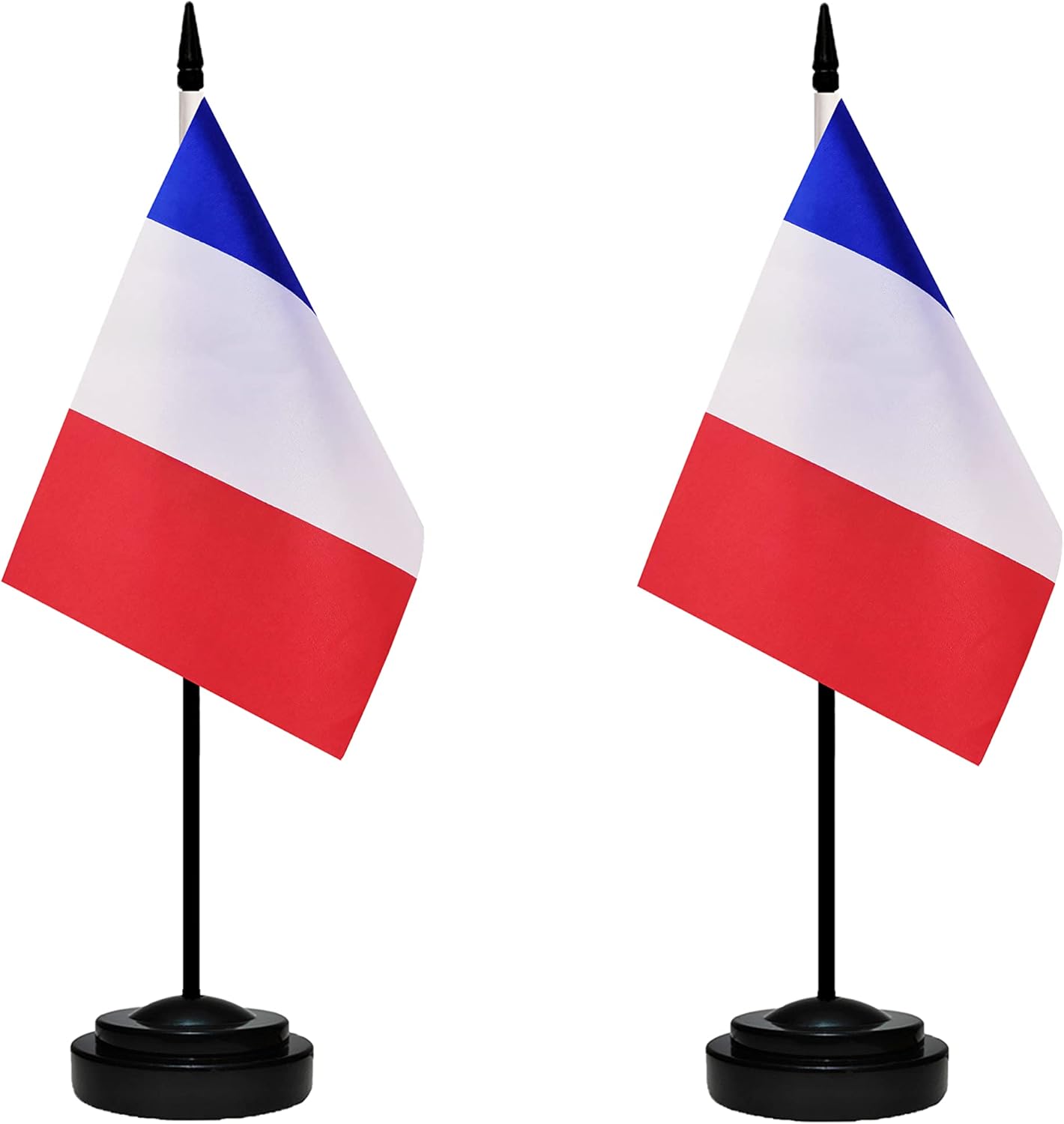 France French Deluxe Desk Flag Set, Small Mini Miniature France French Table Desktop Flags With Solid Pole, Black Base and Spear Top(2 Pack)