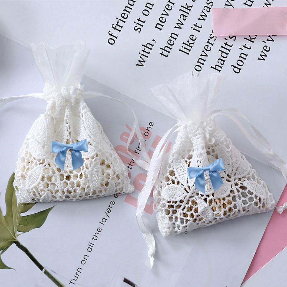 2.5" Hgzgch Light Blue Satin Ribbon Bow for Gift Wrapping, Premade Bows for Crafts, Cake, Party Favors, Handmade Bows with Double-Sided Tape, Self Adhesive Gift Bows for Presents, Treats - 50pcs