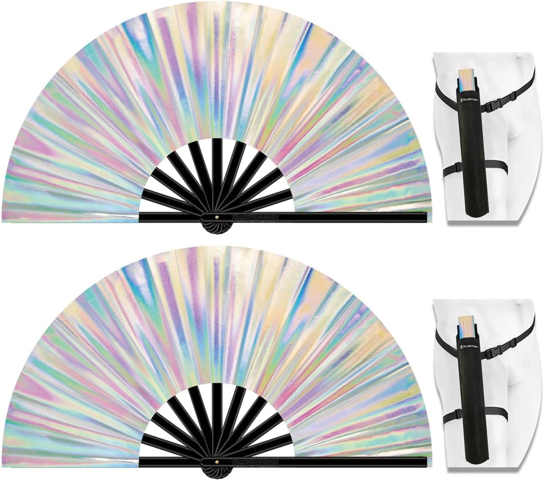 13" Large Folding Rave Fan with Holster, Clack Hand Fans Foldable for Line Dancing, Boots On The Ground Fan for Women Men Festival EDM Party Decoration, Holographic White 2 Pack