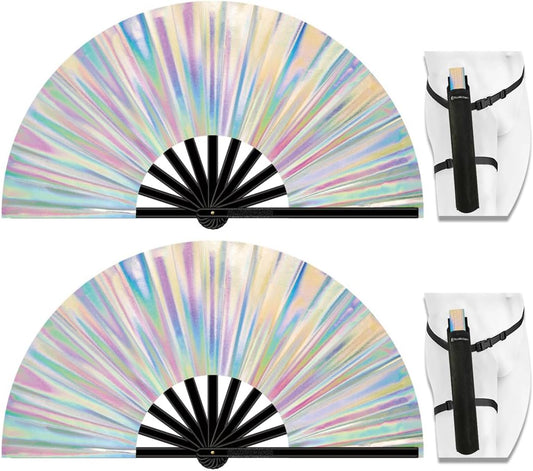 13" Large Folding Rave Fan with Holster, Clack Hand Fans Foldable for Line Dancing, Boots On The Ground Fan for Women Men Festival EDM Party Decoration, Holographic White 2 Pack