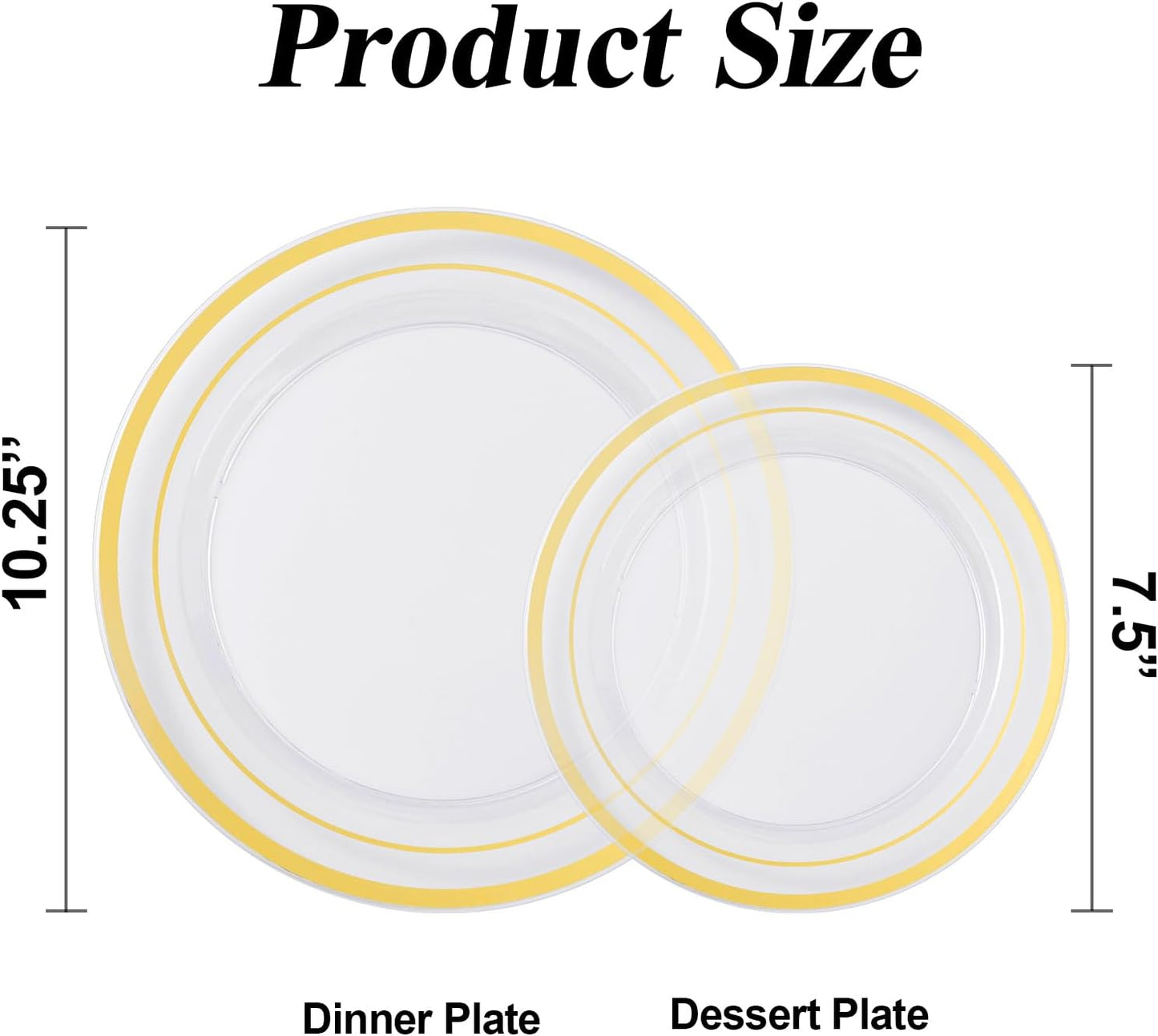 200PCS Clear Gold Plastic Plates Set, 100 10.25 inch Dinner Plates and 100 7.5 inch Dessert Plates, Disposable Plates for Party, Wedding