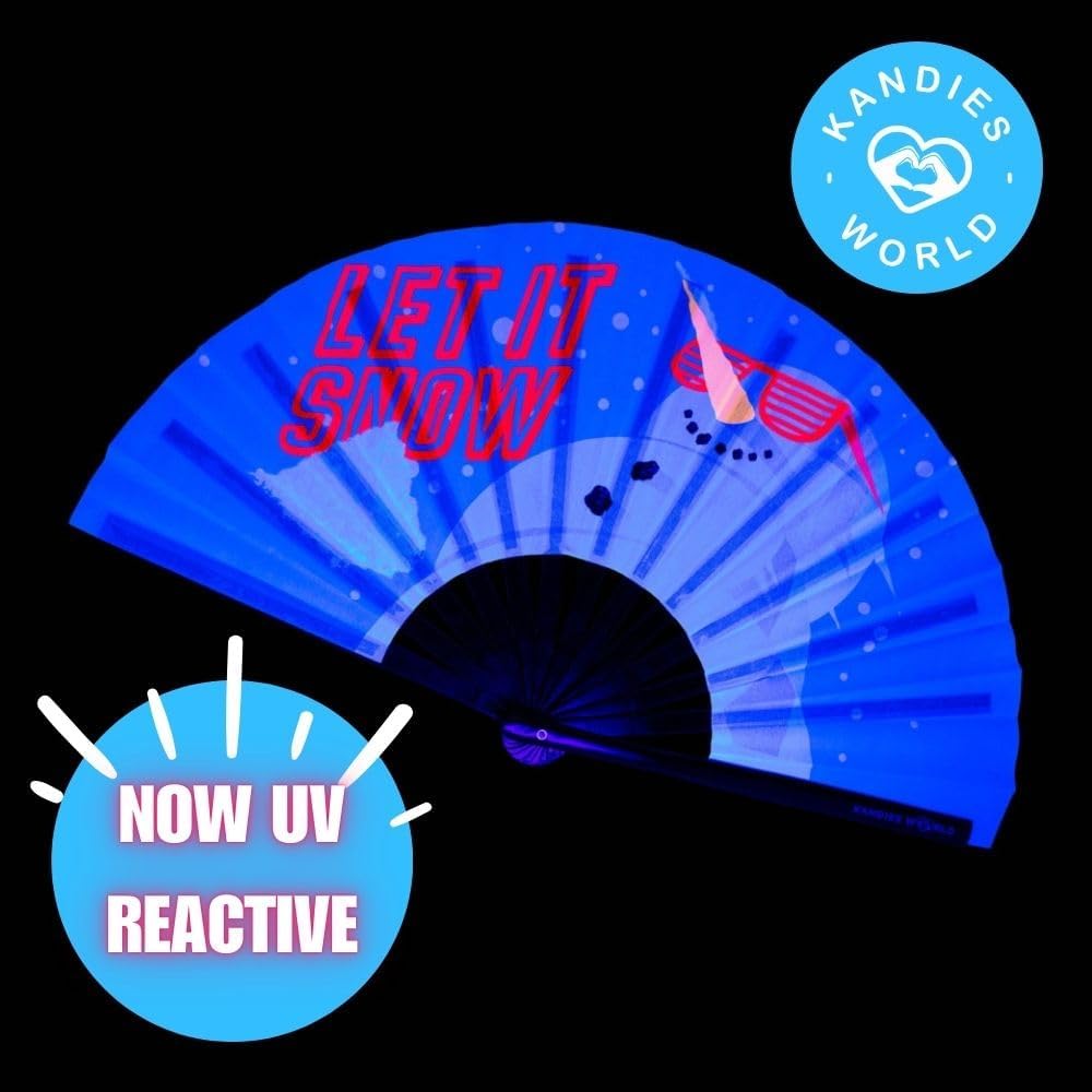 Kandies World UV Reactive Custom Festival Folding Hand Fan - Unique Designs, Made of Bamboo, Clacking Sound, Lightweight - Perfect Rave and Festival Accessory!