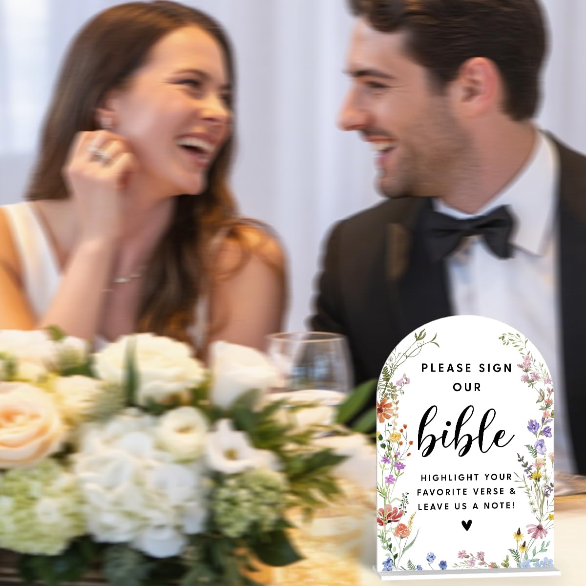 Acrylic Wedding Signs, Please Sign Our Bible Signs for Marriage Reception, Bridal Shower Decorations, Modern Arched Round Top Acrylic Table Top Sign with Holder for Wedding Party (White Wildflowers)